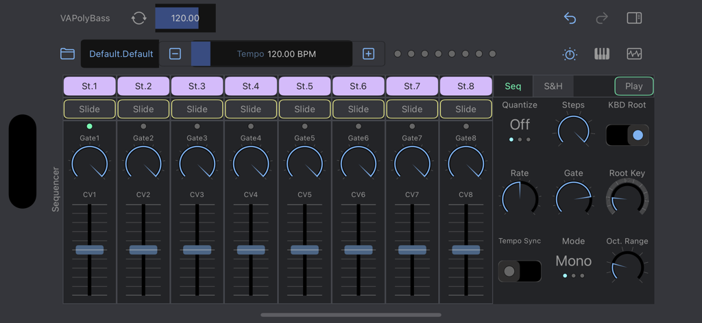 VAPolyBass - Interface of the VAPolyBass app showing an 8-step analog-style sequencer with gate and CV controls