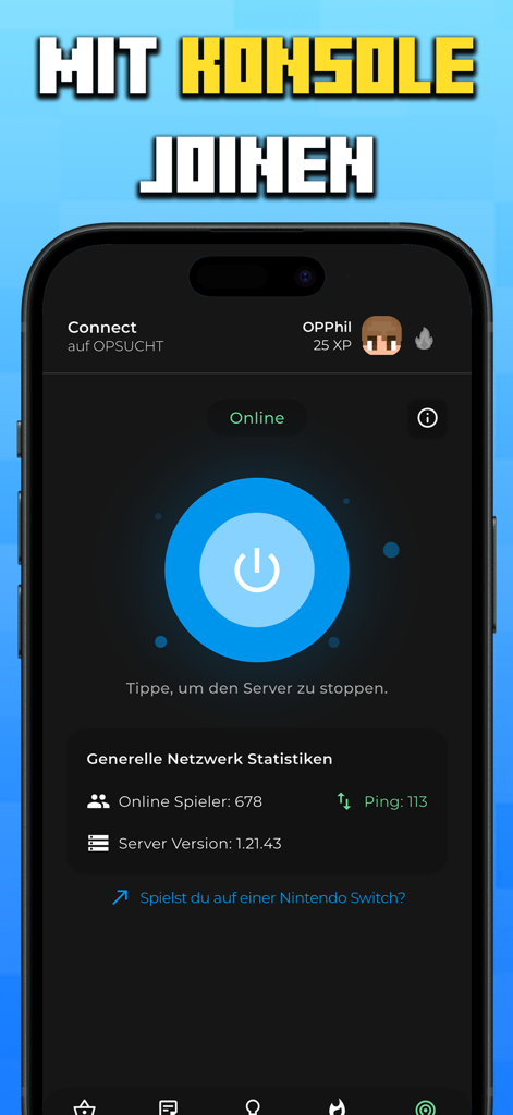 OPSUCHT - OPSUCHT mobile app server connection interface showing online status and network statistics