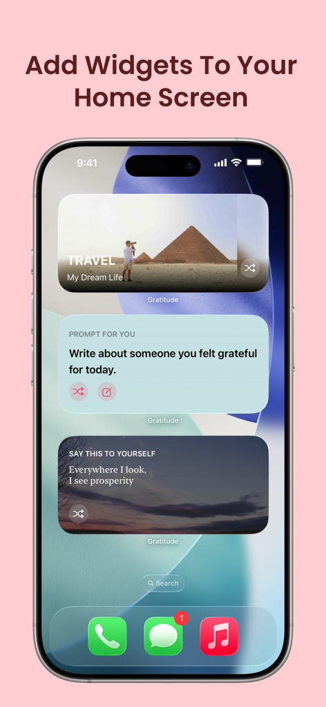 Gratitude: Self-Care Journal - iPhone home screen with Gratitude app widgets for vision boards, journal prompts, and affirmations.