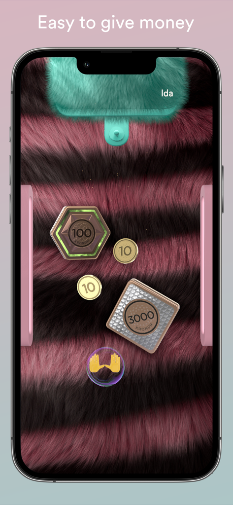 Tjing - Fun pocket money - Interface of the Tjing app showing virtual coins for kids pocket money on a colorful fuzzy background