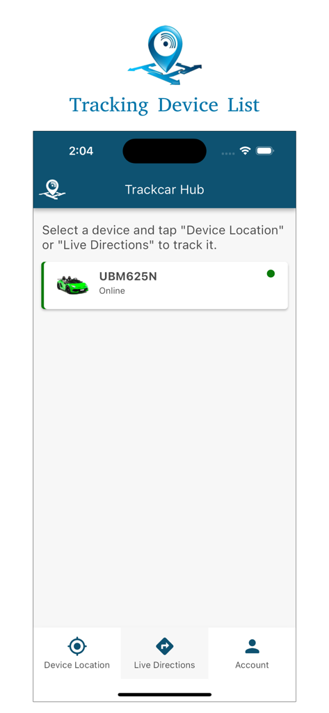 Trackcar Hub - Tela do aplicativo Trackcar Hub exibindo uma lista de veículos rastreados e seu status online.