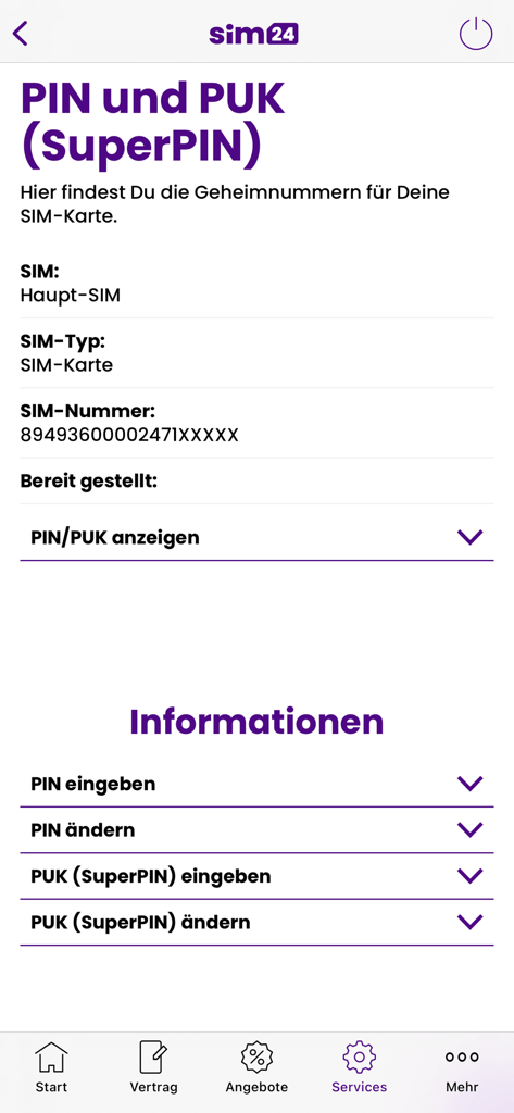 sim24 Servicewelt - Schermata di gestione dei codici PIN e PUK della SIM nell'app sim24 Servicewelt