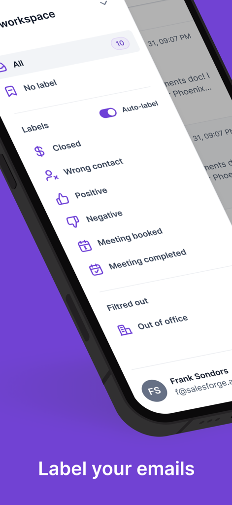Salesforge - Salesforge mobile app interface showing email labels for sales outreach management including positive meeting booked and closed