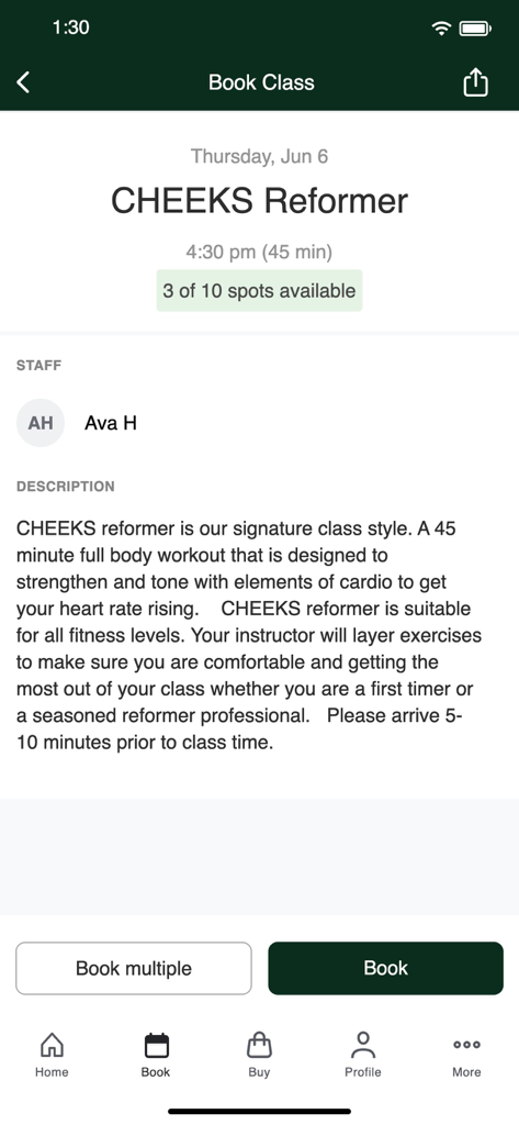 Cheeks Pilates - Cheeks Pilates app screen showing the booking details for a 45-minute CHEEKS Reformer class with instructor Ava H