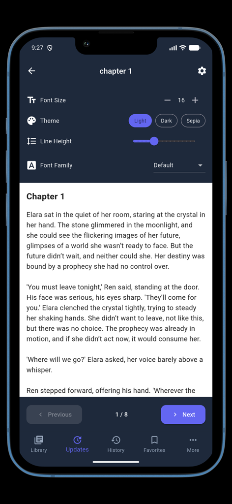 Tachiyomi - Tachiyomi app interface showing novel reading view with adjustable font size theme and line height settings