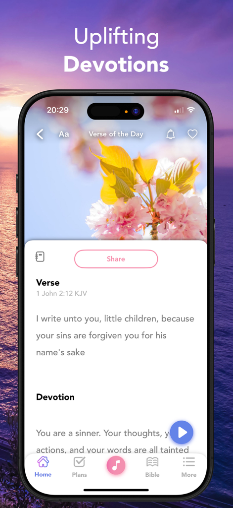 Interface of the Daily Devotional For Women app displaying the Verse of the Day and a devotional message with a floral background.