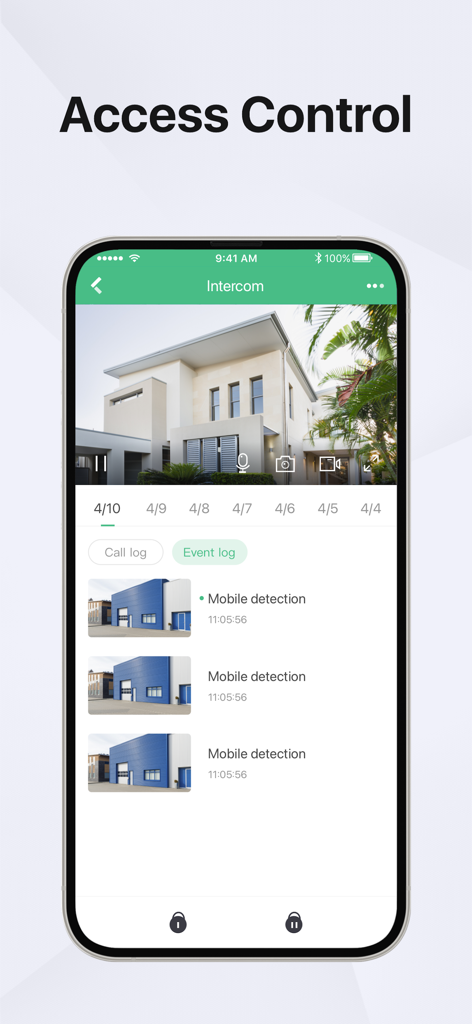 Benutzeroberfläche der Guarding Vision App mit Gegensprechanlagen-Live-Ansicht und Ereignisprotokoll der Bewegungserkennung für ein intelligentes Sicherheitssystem.