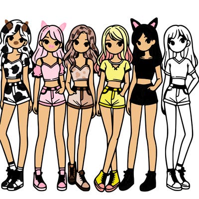 a group of girls wearing crop tops and shorts