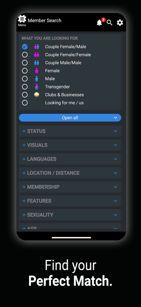 SDC app member search screen with filters for finding couples and individuals