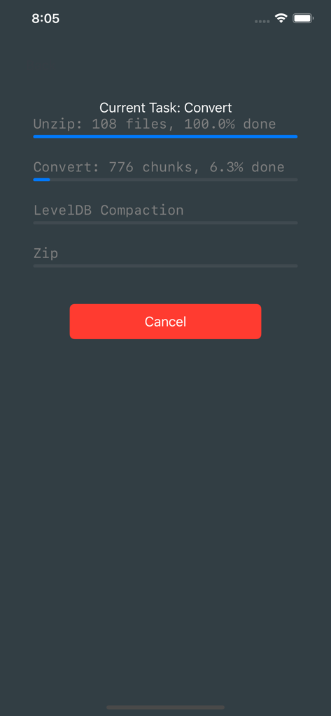 A screenshot of the je2be app showing the progress of a Minecraft map conversion task including unzipping files and converting chunks.