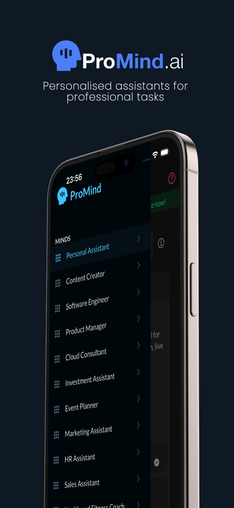 ProMind app interface on an iPhone displaying a menu of specialized AI agents for professional tasks including content creator and software engineer