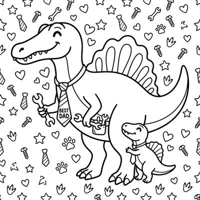 Dive into a prehistoric celebration with our Spinosaurus Father's Day coloring page. This charming design features a proud Spinosaurus dad and its little one, ready for your creative touch.