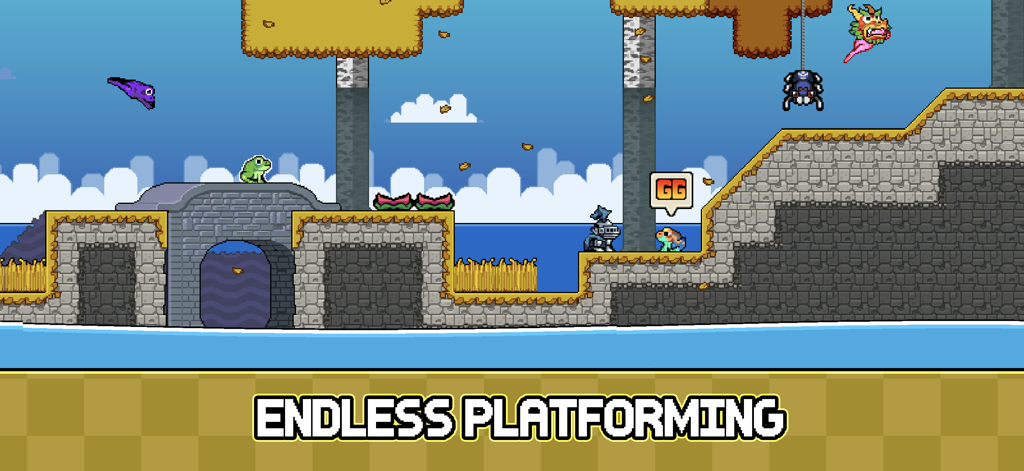 Un nivel de plataformas de precisión de pixel art 2D en Samago que presenta una rana verde navegando más allá de un caballero y una araña.