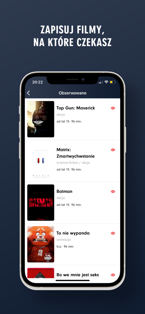 Kino Helios - Pantalla de iPhone mostrando la lista de seguimiento de películas de la aplicación Kino Helios con películas como Top Gun Maverick y The Batman