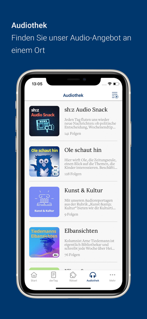 Smartphone-Display, das den Audiothek-Bereich der shz E-Paper-App mit deutschen Podcasts zeigt