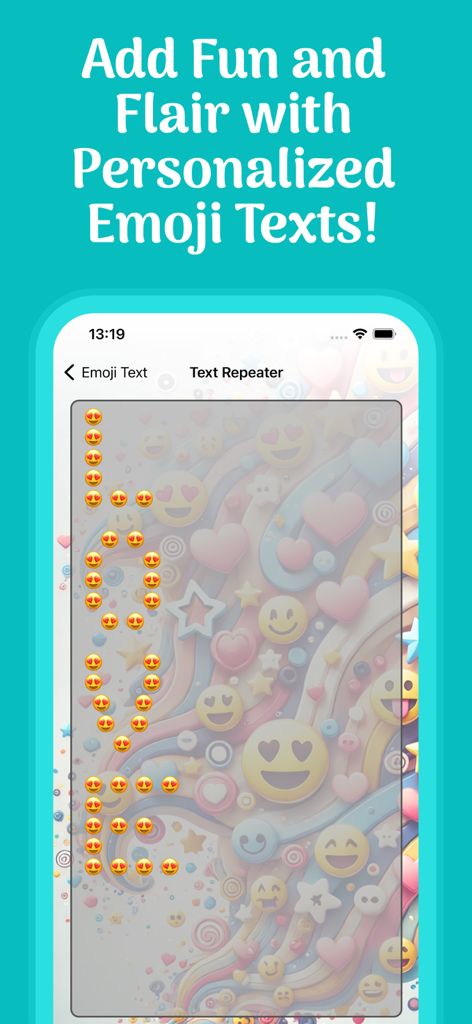 Text Repeater & Stylish Fonts - Una captura de pantalla que muestra la palabra amor creada con emojis de ojos de corazón en la aplicación Text Repeater