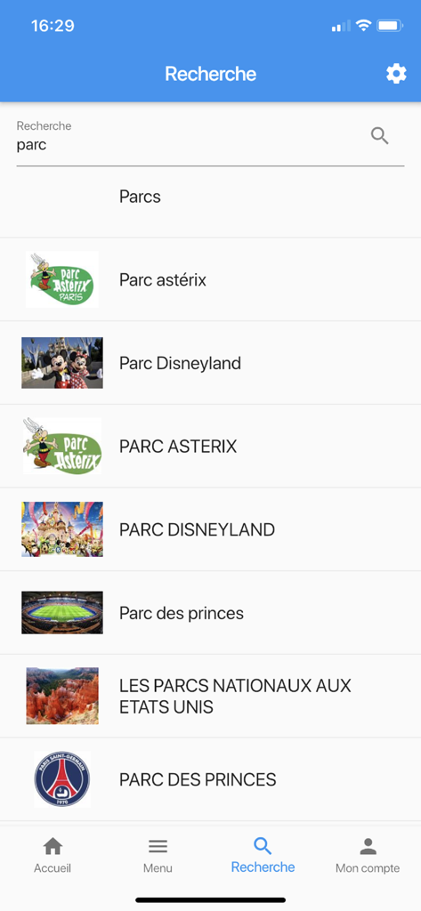 Search screen within the Garance App showing leisure and park benefits for employees