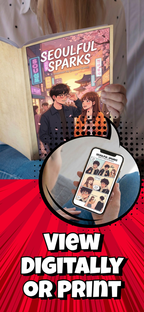 KAI: Comic Maker Manga, Manhwa - Una comparación que muestra un libro de manga impreso y su versión digital en un smartphone usando la aplicación KAI Comic Maker.
