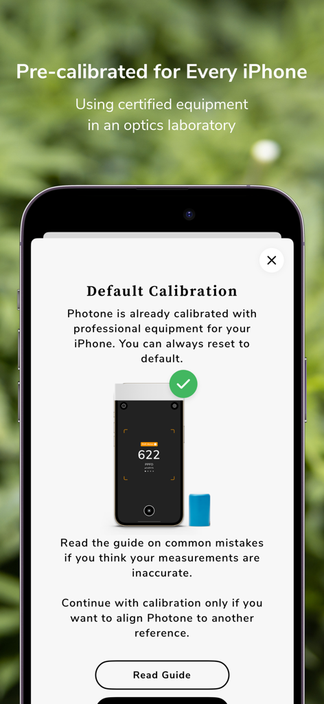 Photone - Grow Light Meter - Photone app screen displaying default calibration information for high-accuracy light measurements on iPhone.