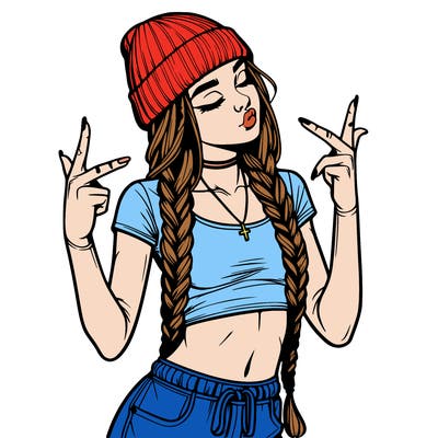 realistic teenage girl with braids and a beanie and crop top doing 🫶🏼