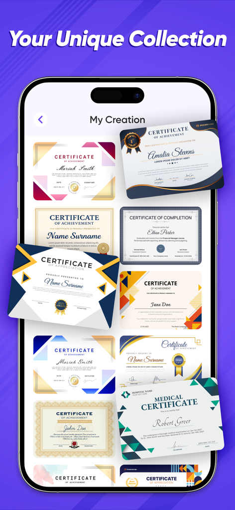 Certificate Maker :Party Card - A collection of diverse professional certificate templates on a mobile app interface