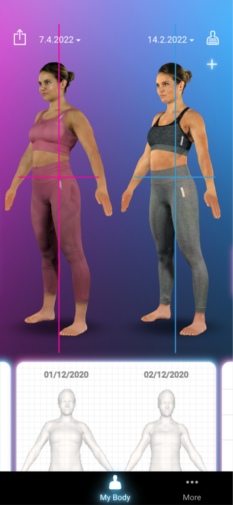 Bodygee - Side by side comparison of two 3D body scans in the Bodygee health and fitness app