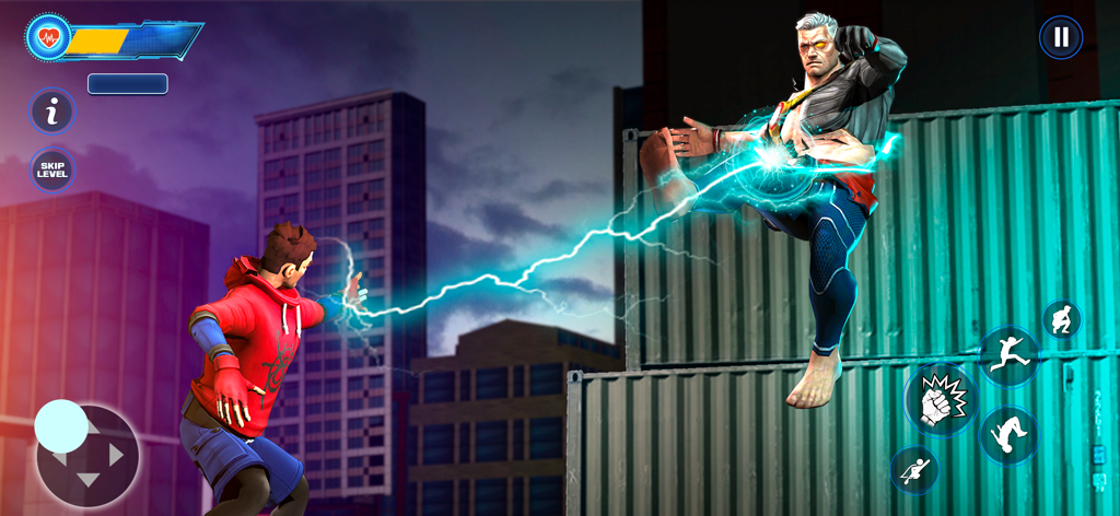 Flying Spider: Superhero Games - A superhero in a red hoodie battles a powerful enemy with electric attacks in a city setting.