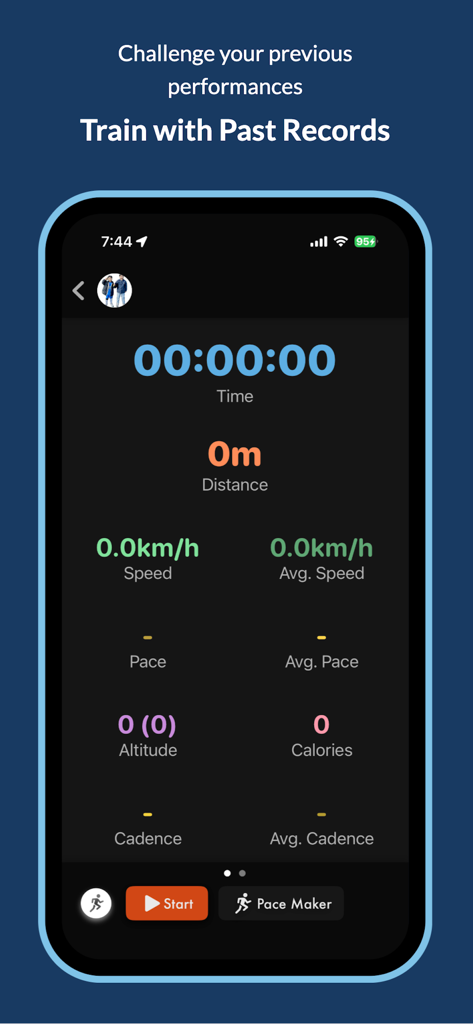 Pace Tracker - Running App - 시간, 거리, 속도, 페이스 측정 항목이 있는 과거 기록 훈련 기능을 보여주는 페이스 트래커 앱 인터페이스입니다.