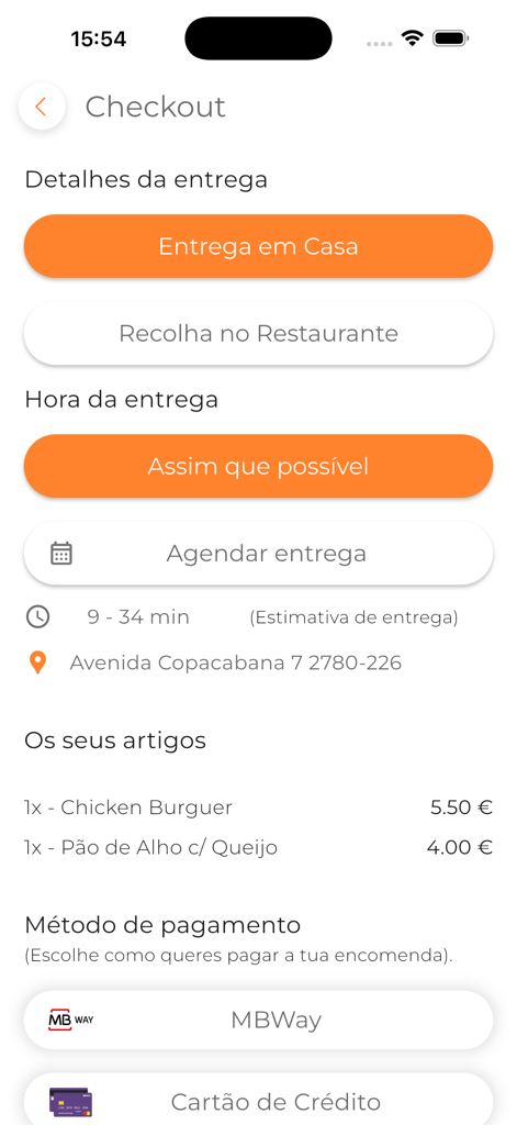 Xicos - Checkout screen of the Xicos food delivery app showing order details and payment methods