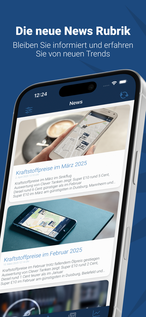News feed in the clever-tanken app showing monthly fuel price analysis and trends
