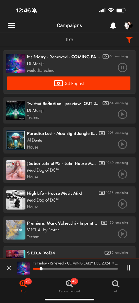 RepostExchange - Promote Music - Interface of the RepostExchange app displaying a list of music tracks available for promotion and reposting