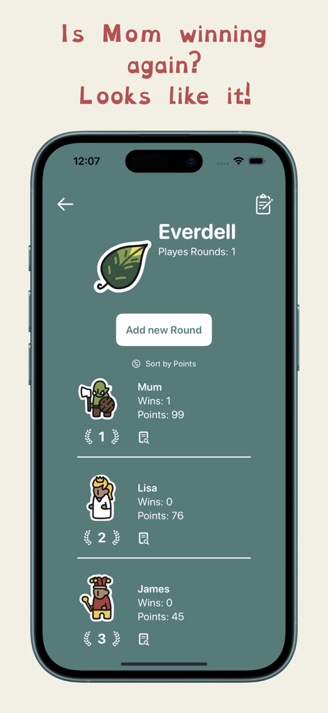 Tally Board: Score Counter - Tally Board app showing the scoreboard and player rankings for the Everdell board game