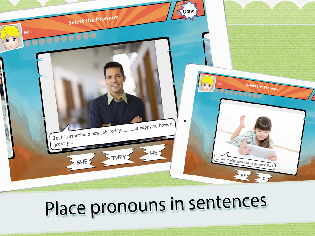 Pronoun Heroes - iPad screens showing the Pronoun Heroes app where children select the correct pronoun to complete sentences using real-life photos.