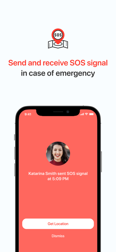 Trackimo + - Trackimo plus app interface displaying a received SOS emergency signal with options to get location or dismiss