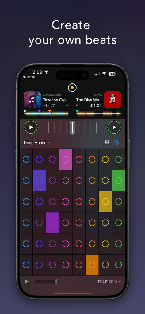 Smartphone screen showing the djay app interface with a colorful music sequencer grid for creating beats.