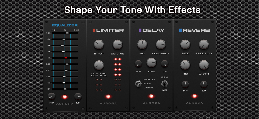 Laney - Ironheart Guitar Amp - Pantalla de efectos de la aplicación de amplificador de guitarra Laney Ironheart con controles de ecualizador, limitador, delay y reverberación