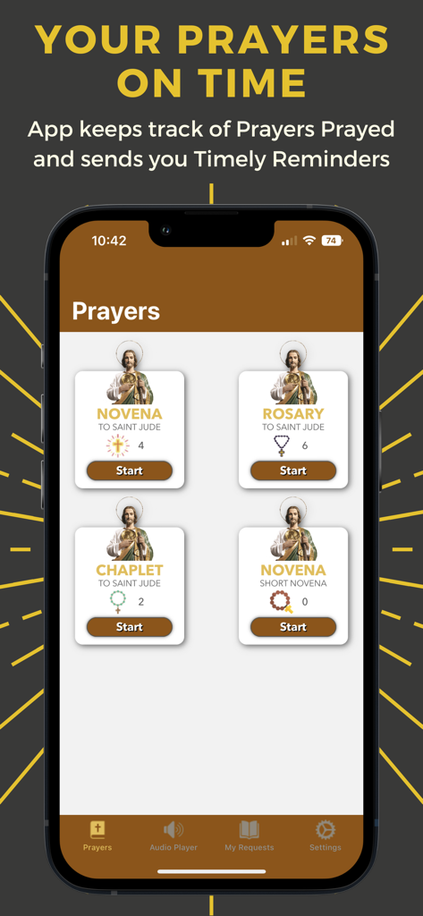 Saint Jude Thaddeus app screen showing different prayer options and tracking progress for daily devotion.