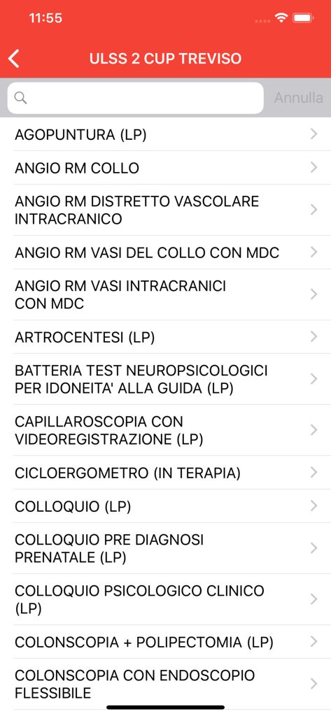 Schermata mobile che mostra un elenco di esami medici disponibili per la prenotazione nell'app ULSS 2 CUP Treviso