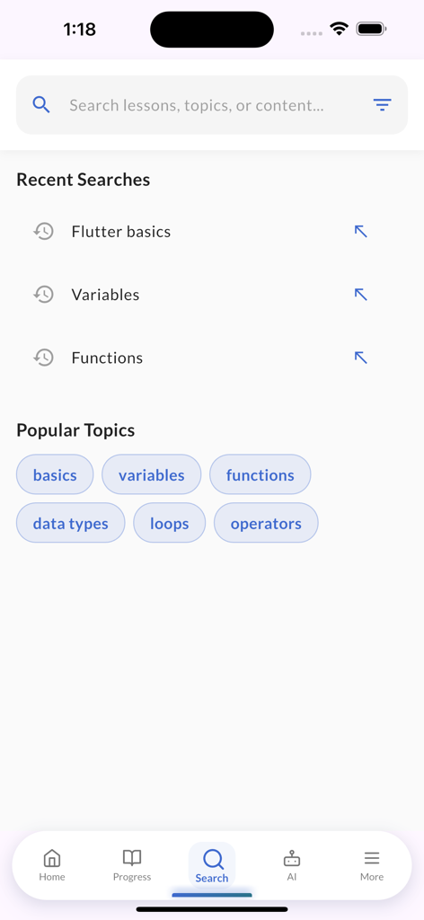 Search screen of the C plus plus learning app showing recent searches and popular coding topics like variables and loops