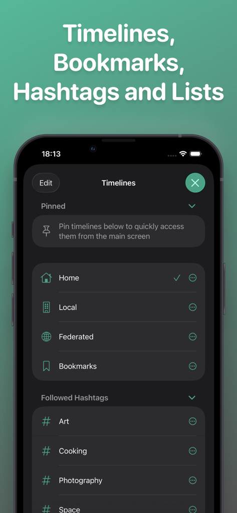 Pipilo - A mobile interface for the Pipilo app showing a menu for managing timelines bookmarks and followed hashtags like Art and Cooking.