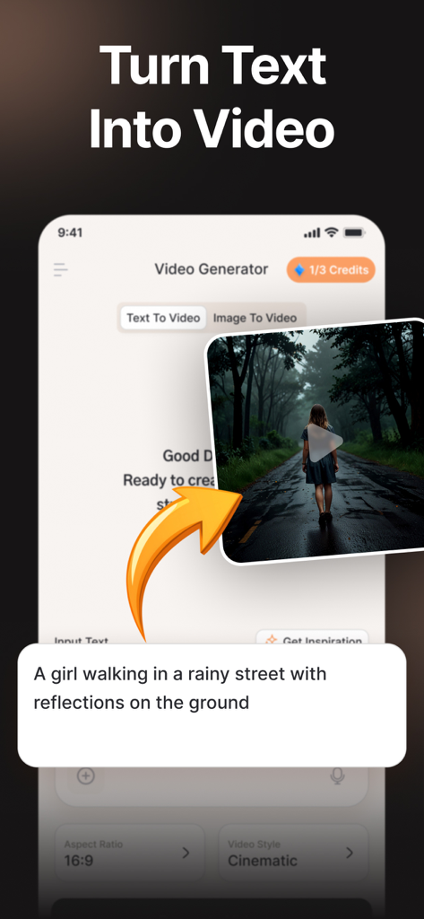 Oberfläche der KI-Videogenerator-App, die zeigt, wie ein Text-Prompt in ein kinoreifes Video umgewandelt wird.