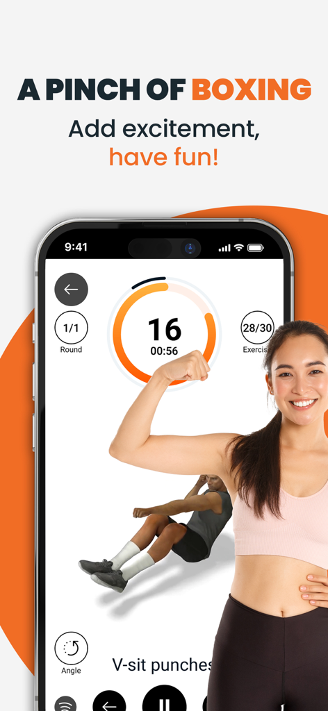 Interfaz de la aplicación FitAttack que muestra un ejercicio de puñetazos en V-sit y el progreso del entrenamiento.