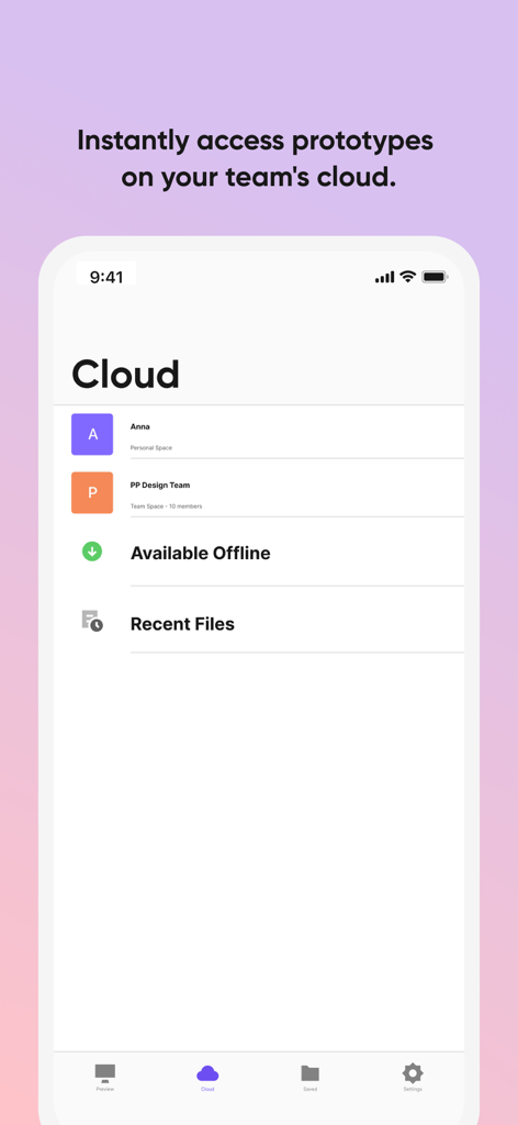 ProtoPie Player - ProtoPie Player app Cloud screen showing access to team prototypes and offline files