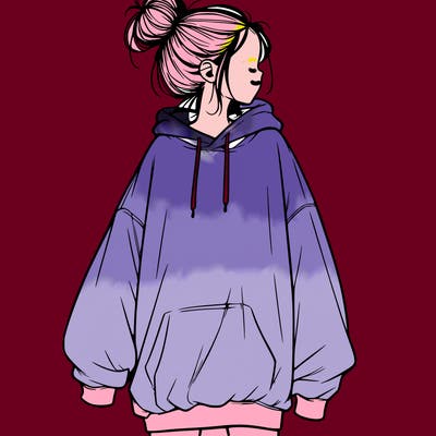 realistic girl with a oversized sweatshirt on and a bun