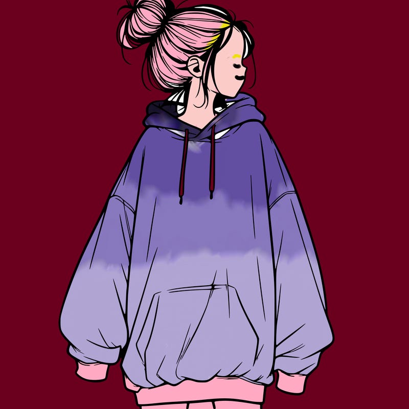 realistic girl with a oversized sweatshirt on and a bun