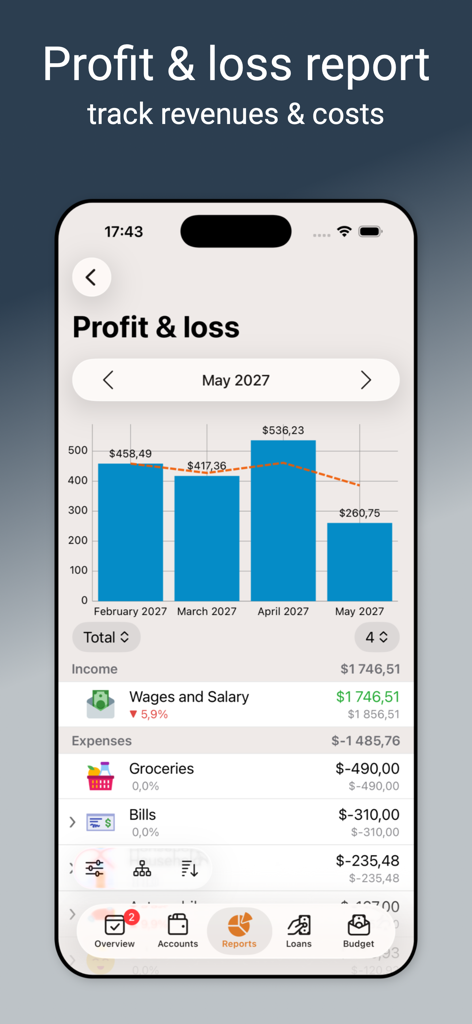 Alzex Finance Pro - Alzex Finance Pro profit and loss report screen showing a monthly bar chart and detailed income and expense categories