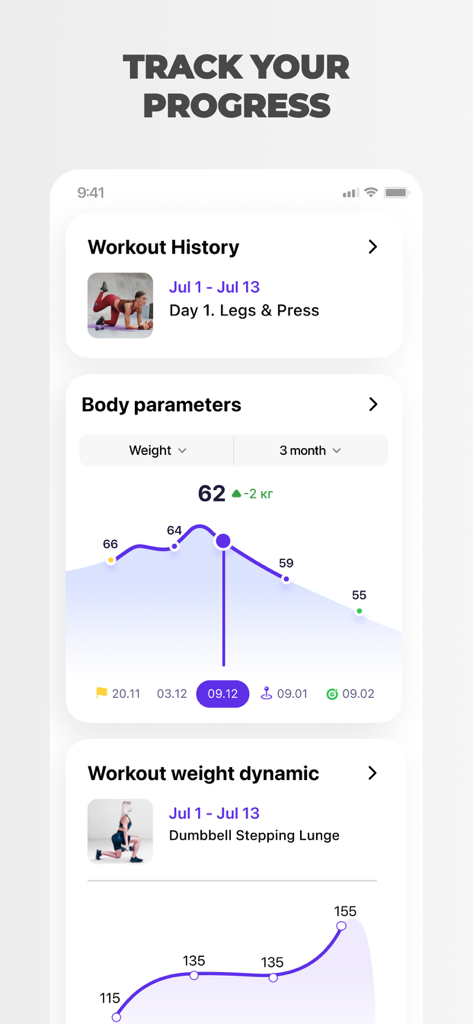 Interface do aplicativo móvel mostrando o acompanhamento do progresso do fitness com gráficos de peso e histórico de treinos para mulheres