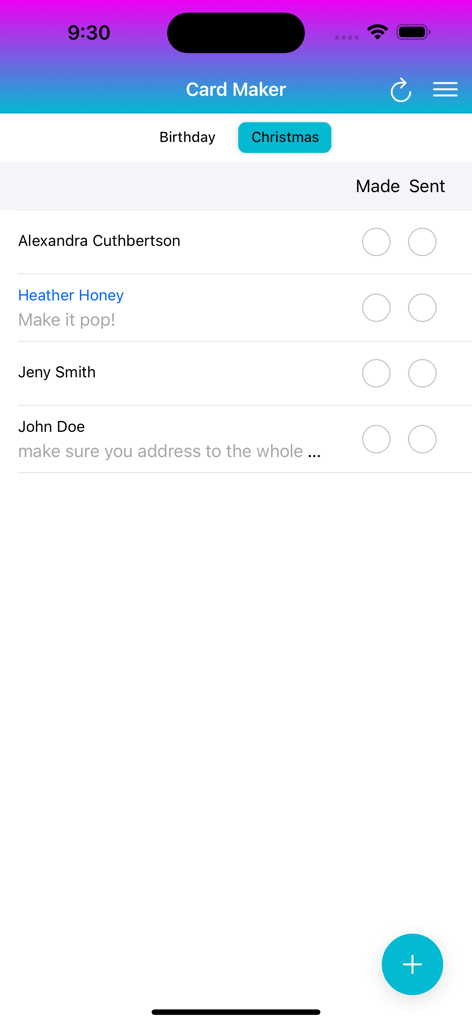 Lista de acompanhamento de cartões de Natal feitos à mão mostrando nomes de destinatários e caixas de seleção de status para feitos e enviados.