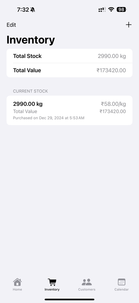 coconutLedgerAssistant - Una interfaz de aplicación móvil que muestra el peso del inventario de coco y el valor total del stock