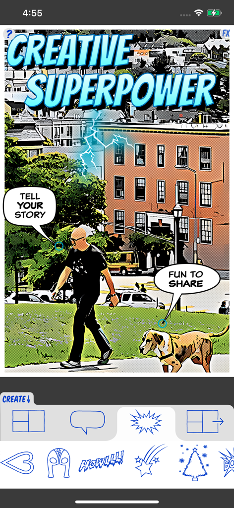 ComicBook! - Interface of the ComicBook app showing a photo transformed into a comic style with speech bubbles and creative stickers